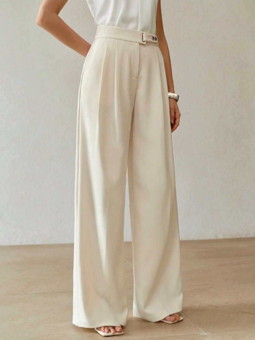Cream Pleated High Waist Buckle Tab Wide Leg Trousers